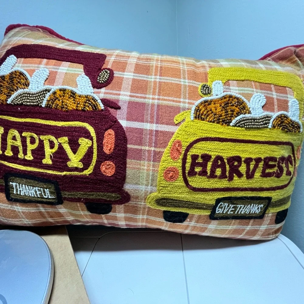 Plaid Harvest/Autumn/Fall Pillow with Embroidered Trucks/Beaded Pumpkins euc